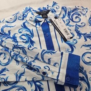 Investments Petites PL Stretch Linen Blue White Scroll LS Button Down Shirt 1187